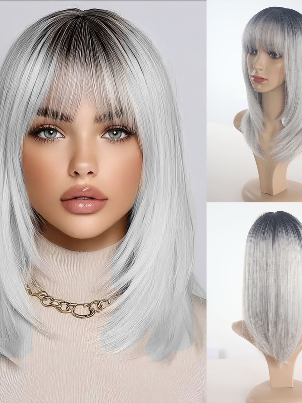 Silver Ombre Straight Wig with Bangs - Women Hair